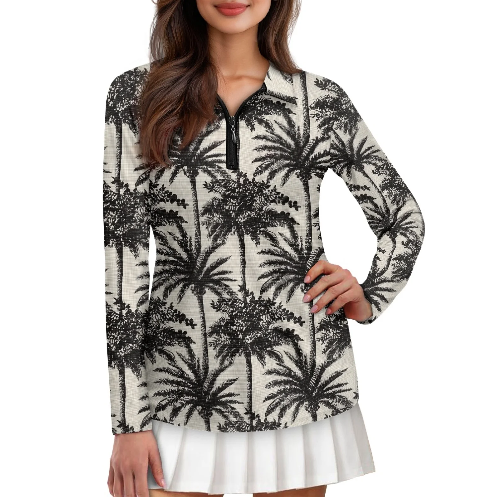 PENSTROLL Palm Tree Pattern Womens Slim Fit Golf Outfits Machine Washable Polo Shirts for Women for Winter