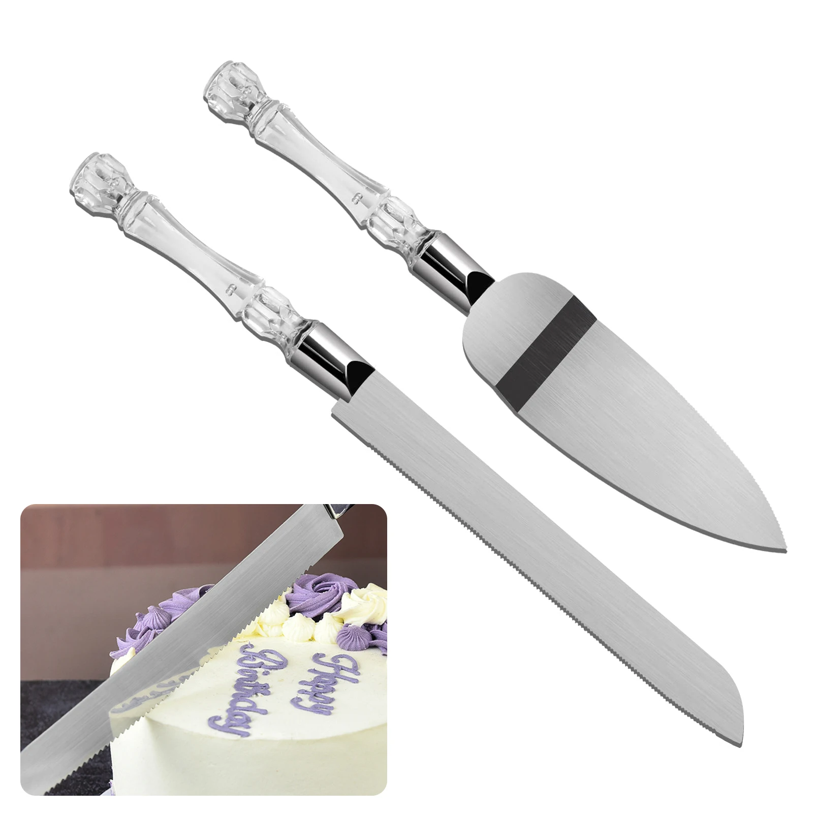 Cake Knife and Server Set Crystal Handles Stainless Steel Blade Cake Cutter and Pie Spatula for Birthday Wedding Christmas Party