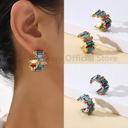 Colorful Rhinestones Piercing Circle Stud Earrings For Women Fashion Luxury High Quality Girl Statement Geometric Jewelry Gift