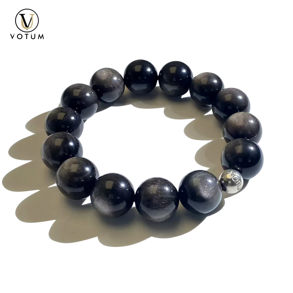 

Votum 14mm Natural Silver Obsidian Bracelet for Man Dad Gift Protection Energy Stone 925 Silver Beaded Women Handemade Jewelry