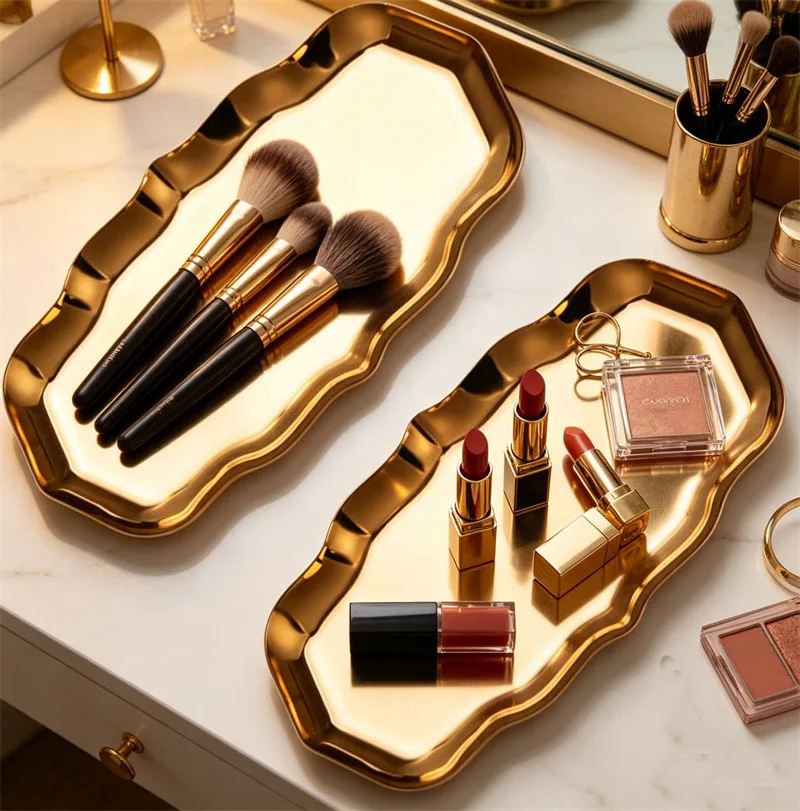 Stainless Steel Oval Makeup Brushes Tray with Wavy Edge Desktop Vanity Makeup Brush Lipstick Cosmetics Tools Puffs Organizer