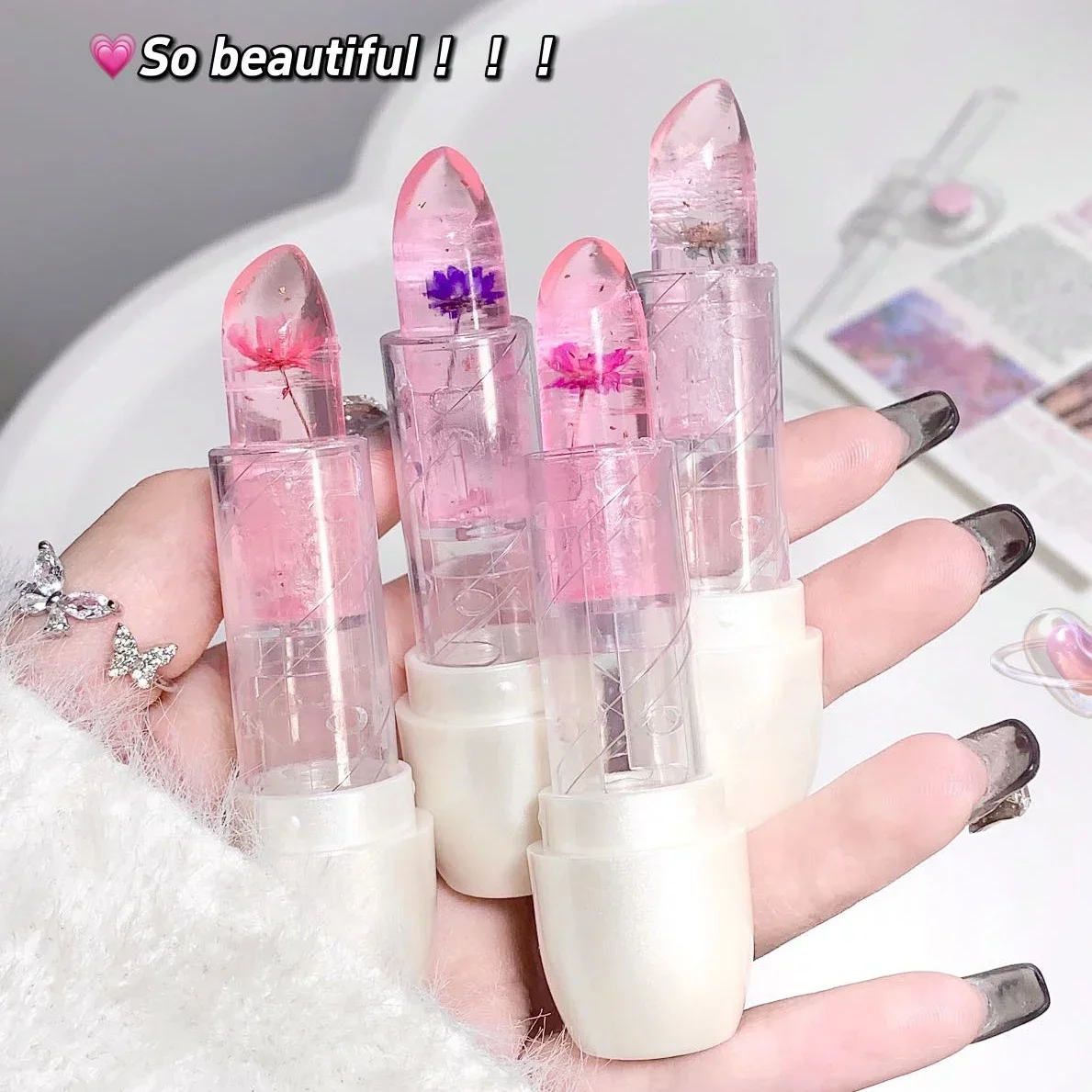 Heallor Jelly Flower Lip Balm Gloss Transparent Lipstick Temperature Color Changing Lip Balm Moisturizing Lips Makeup Long Lasti