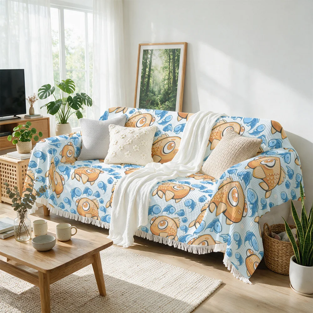 Decorative Nautical Coastal Throw Blanket for Sofa Couch Cute Cartoon Fish Ocean Pattern Beach Sea Life Throw Accent Cover Home