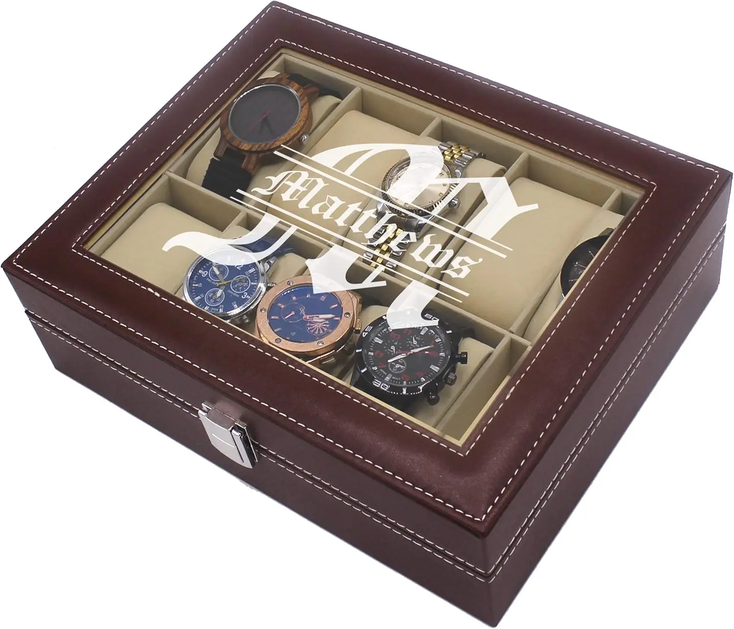 Custom Engraved Watch Storage Box with Glass Top - Holds 10 Watches, Perfect Gift for Men