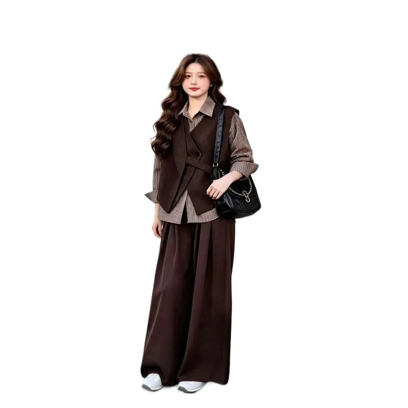 Autumn Fresh Whole Set of Women's Splicing Contrasting Color Vest Shirt Wide Leg Pants Three-piece Set Exquisite Commuter Long