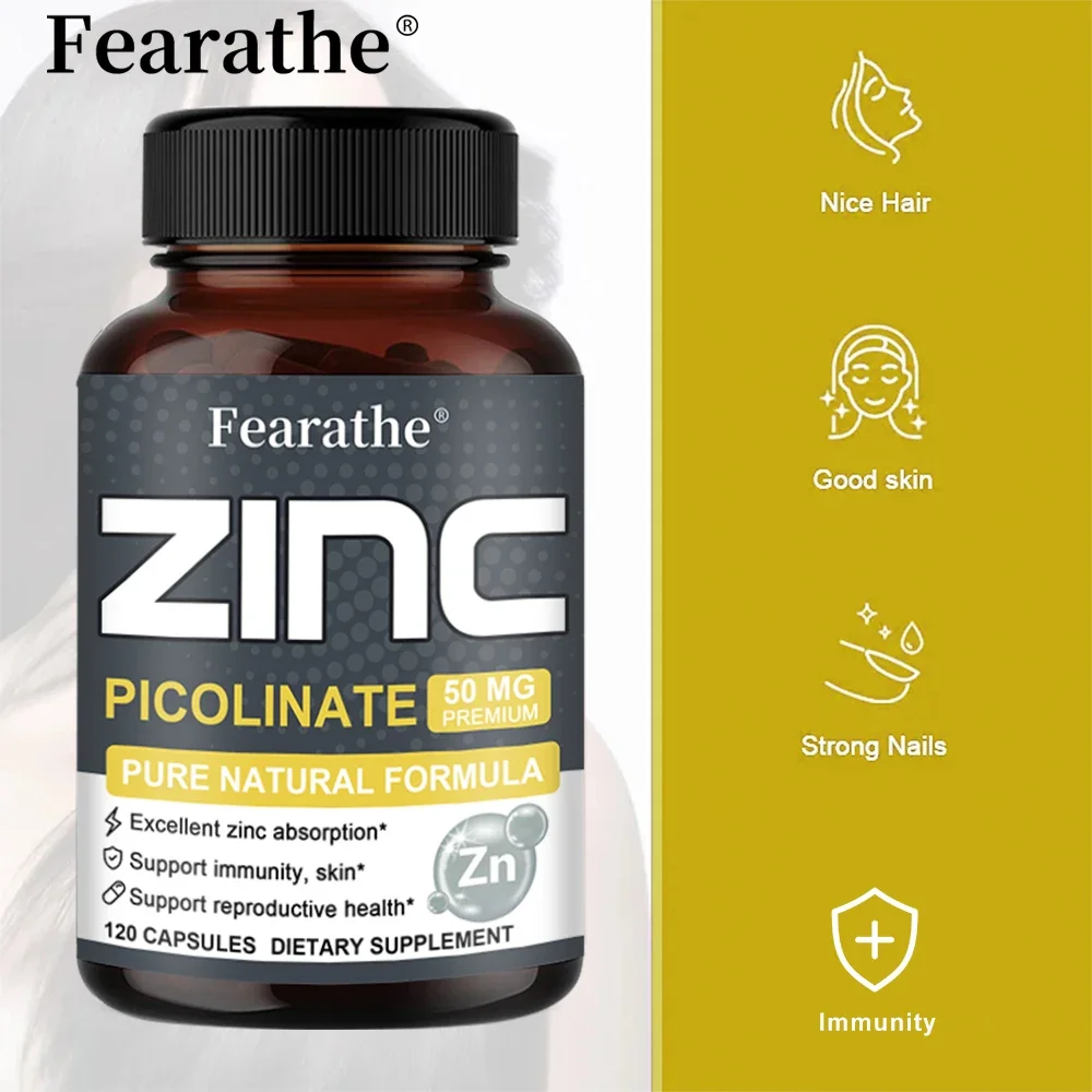 Fearathe 50 Mg Zinc Picolinate, 120 Veggie Caps - Gluten Free and Non-GMO, Supports Immunity, Skin, Energy