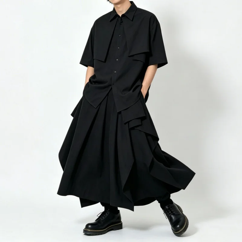 Men'S Casual Pants, Japanese Dark Style Irregular Skirt-Pants, Loose High-Waisted Wide-Leg Design, Trendy Casual Pants A70