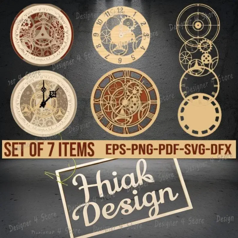 

Модели часов. Файлы с лазерной резкой для создания многослойных настенных художественных часов с многослойным деревом, доступны в форматах SVG AI DXF.