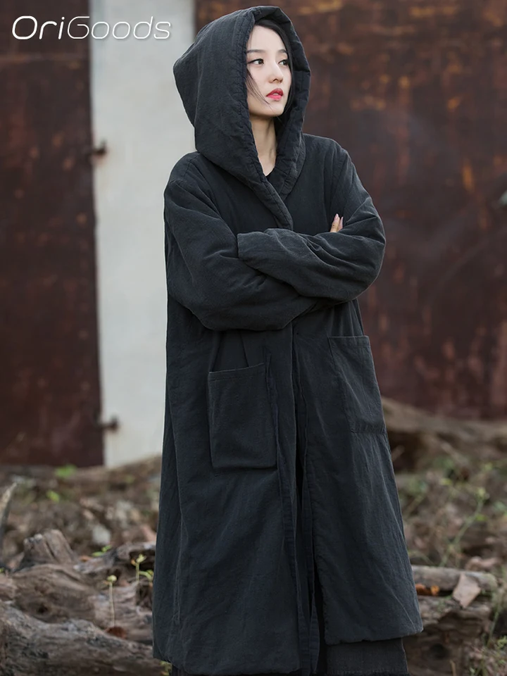 OriGoods Solid Black Long Hooded Coat Winter Thick Warm Cotton