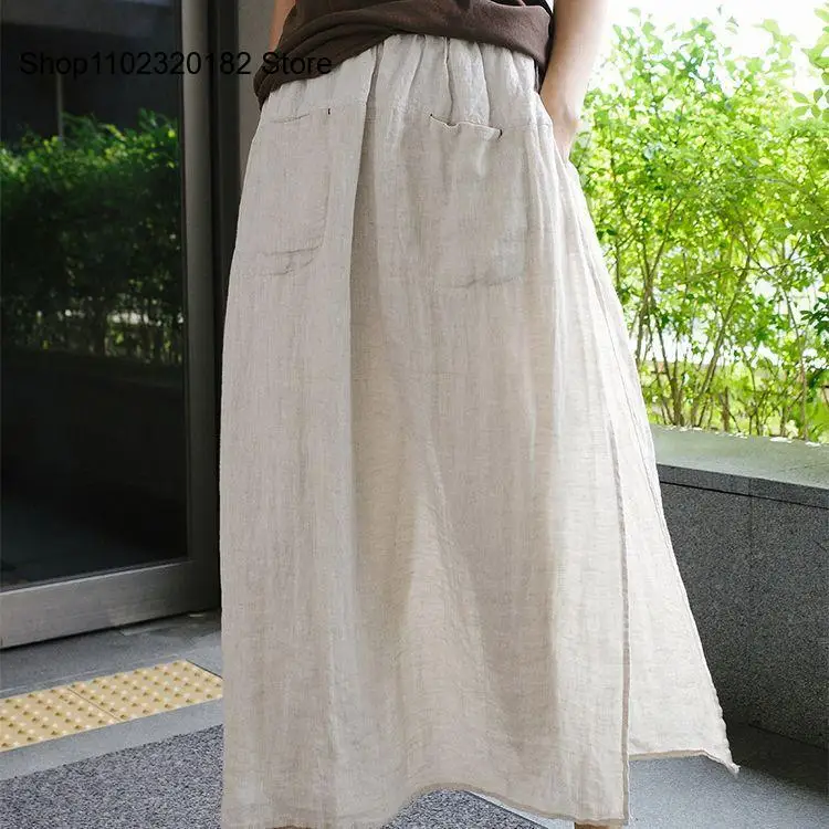 Spring and Summer Large Slit Loose Casual Cropped Cotton and Linen Wide Leg Skirt Pants One-Piece Women