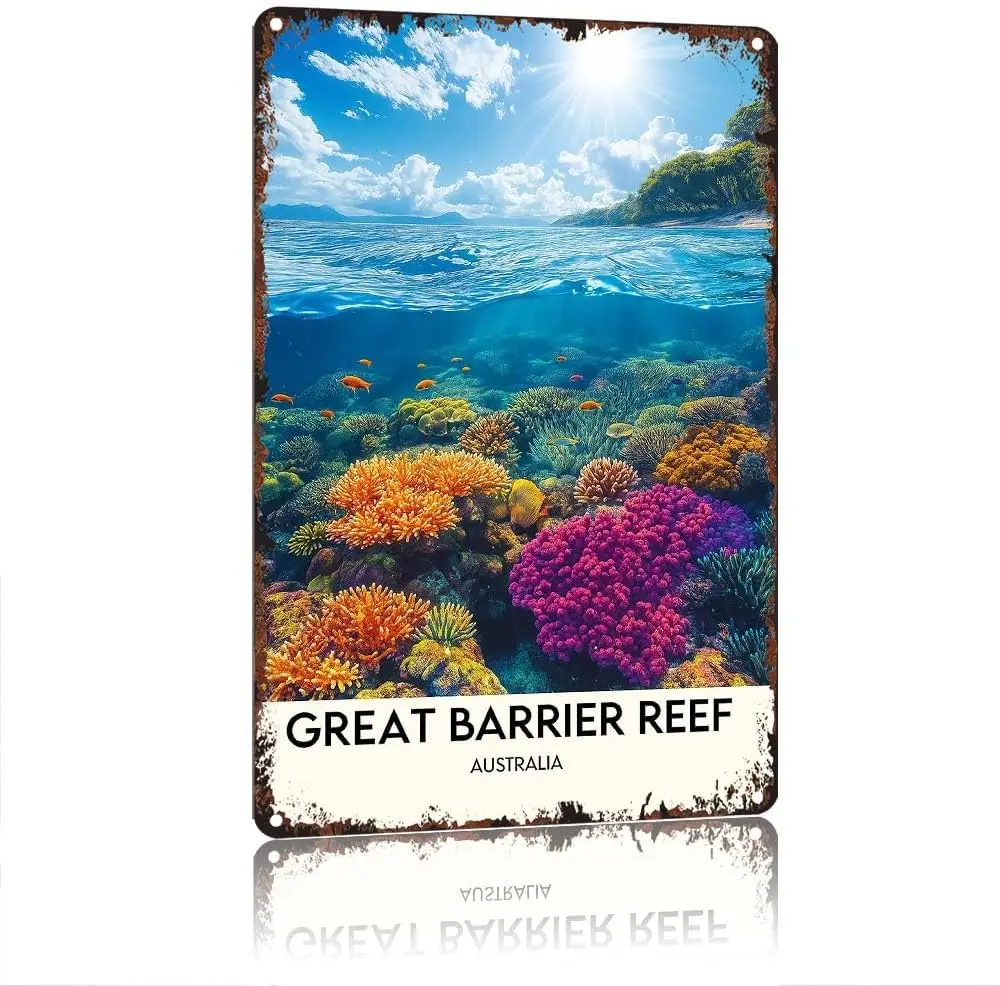 Great Barrier Reef Australia Coastal Underwater Coral Landscape Decorative Metal Sign, Vintage Aluminum in, Rustic Wall Decor Fo