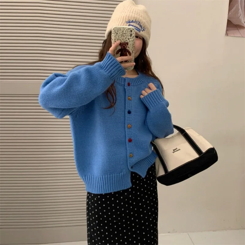 

New Spring Collection of Korean-style Fluffy Sweater Outerwear Featuring Round-neck Shoulder-sleeved Knitted Cardigan for Women