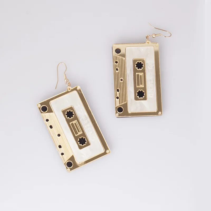 Pendientes de gota de cinta de casete para mujer, aretes colgantes de cinta estéreo Rectangular geométrica de acrílico dorado, regalo de joyería