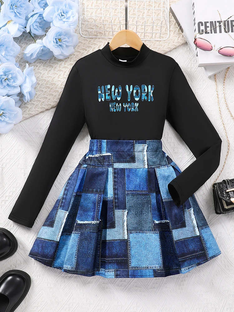 Spring And Autumn Leisure Cute Girl Big Boy Middle High Collar Printed Long Sleeve&Checkered Half Skirt Two Piece Set