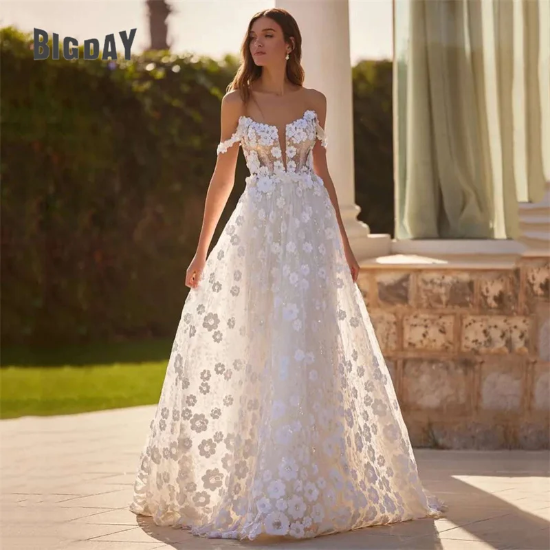 Elegant A-Line Wedding Dress Women Open Back Sweetheart Off The Shoulder Lace Flowers Bridal Gown Sweep Train Vestidos De Noiva