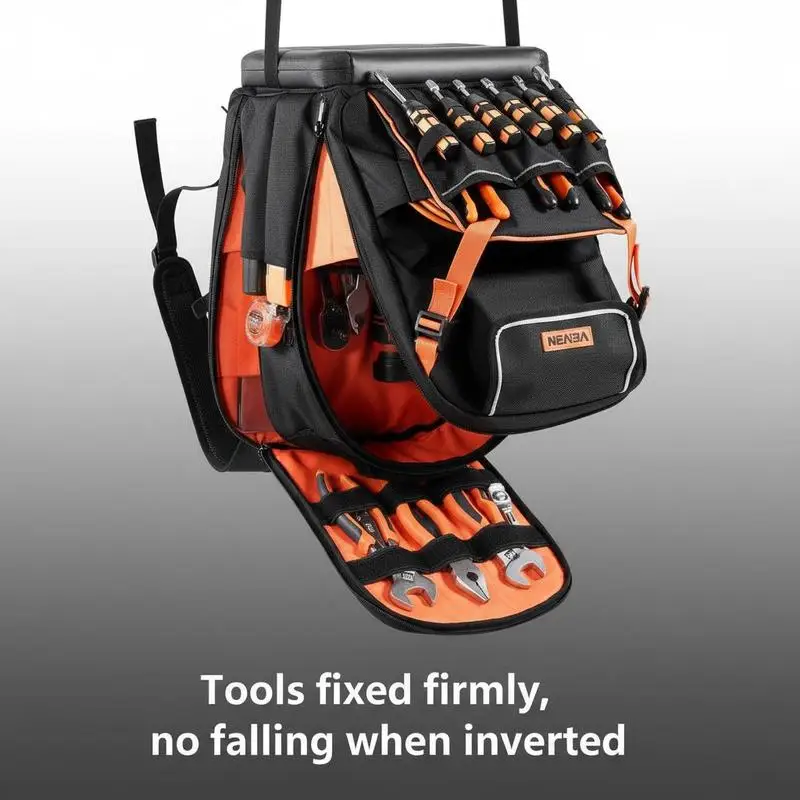 Werkzeugrucksack, Traglast 22,7 kg, Werkzeugtasche, 33x22x44 cm, mit 45 Taschen, Laptopfach, stabile Basis, robuster Werkzeugorganizer für Baustelle, Elektriker, Reparaturarbeiter