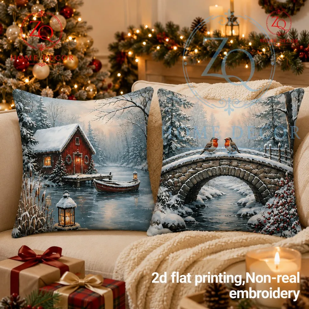 Winter snow scene pillowcases retro red house  frozen lake mosphere full  warm  st lighting cree a tranquil winter ambiance
