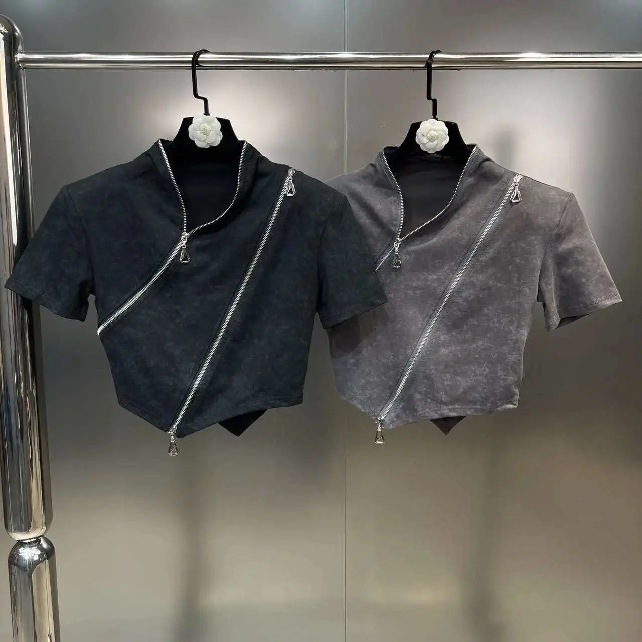 DEAT Chic Personality Zipper Designer T-shirt Women's V-neck Elastic Short Sleeve Sports Tops Female 2023 Summer New 11XX3228 S50d49deccb7b4bbb8ff6294c39b6013cC