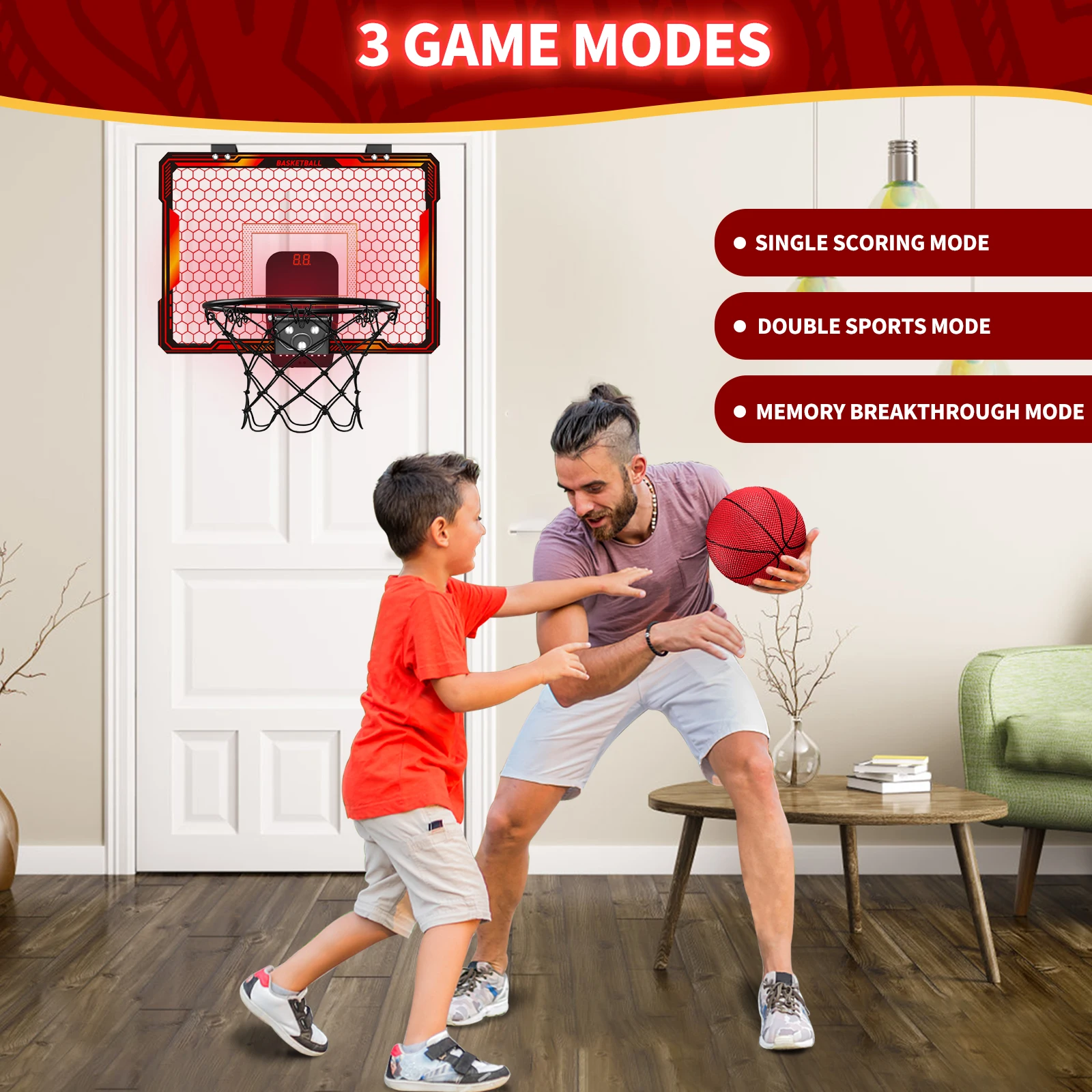 Remote Control Mini Basketball Hoop with Electronic Scoreboard 3 Modes, Foldable Basketball Hoop, Basketball Toys Gift for Kids