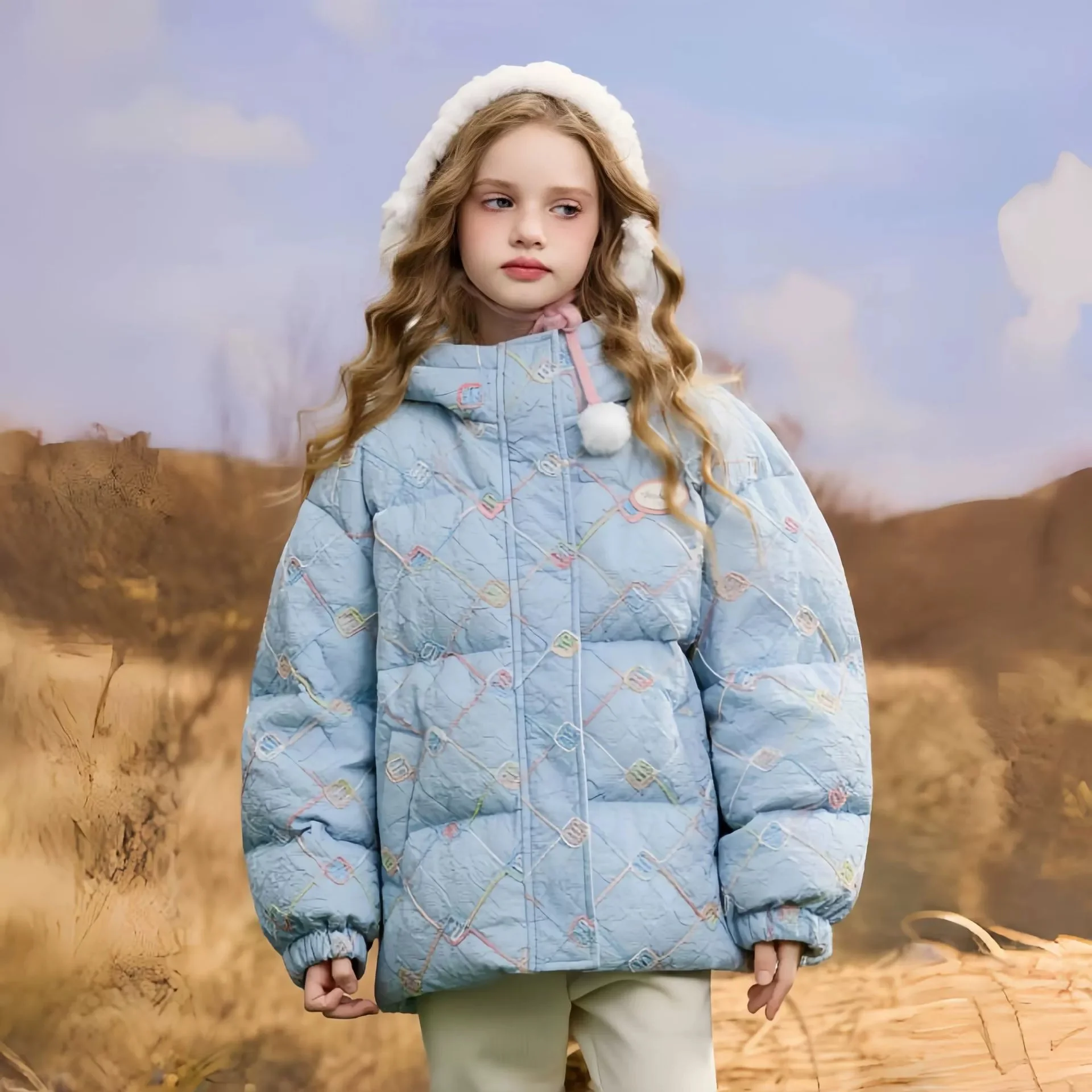 -30℃ 5-12 Year Girls' Floral Down Cotton Jacket Winter New Style Children's Hooded Bread Coat Princess Thicken Parka 120-170cm