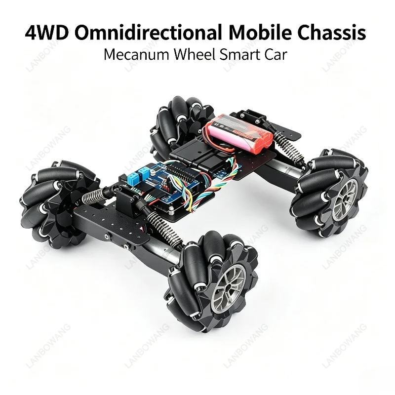 4WD Mecanum Wheel Omnidirectional Mobile Robot Chassis, Intelligent Cart with Adjustable Suspension Shock Absorbing Wheels