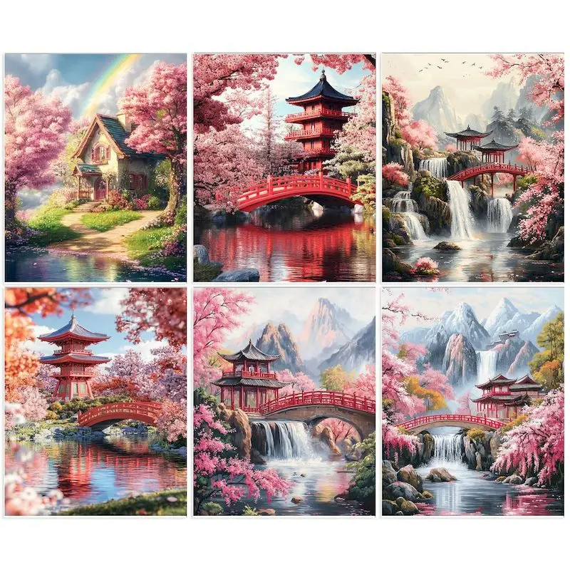 

GATYZTORY Painting By Number Cherry Blossom Pavilion Scenery Drawing On Canvas HandPainted Art Kits Home Decoration DIY Gift