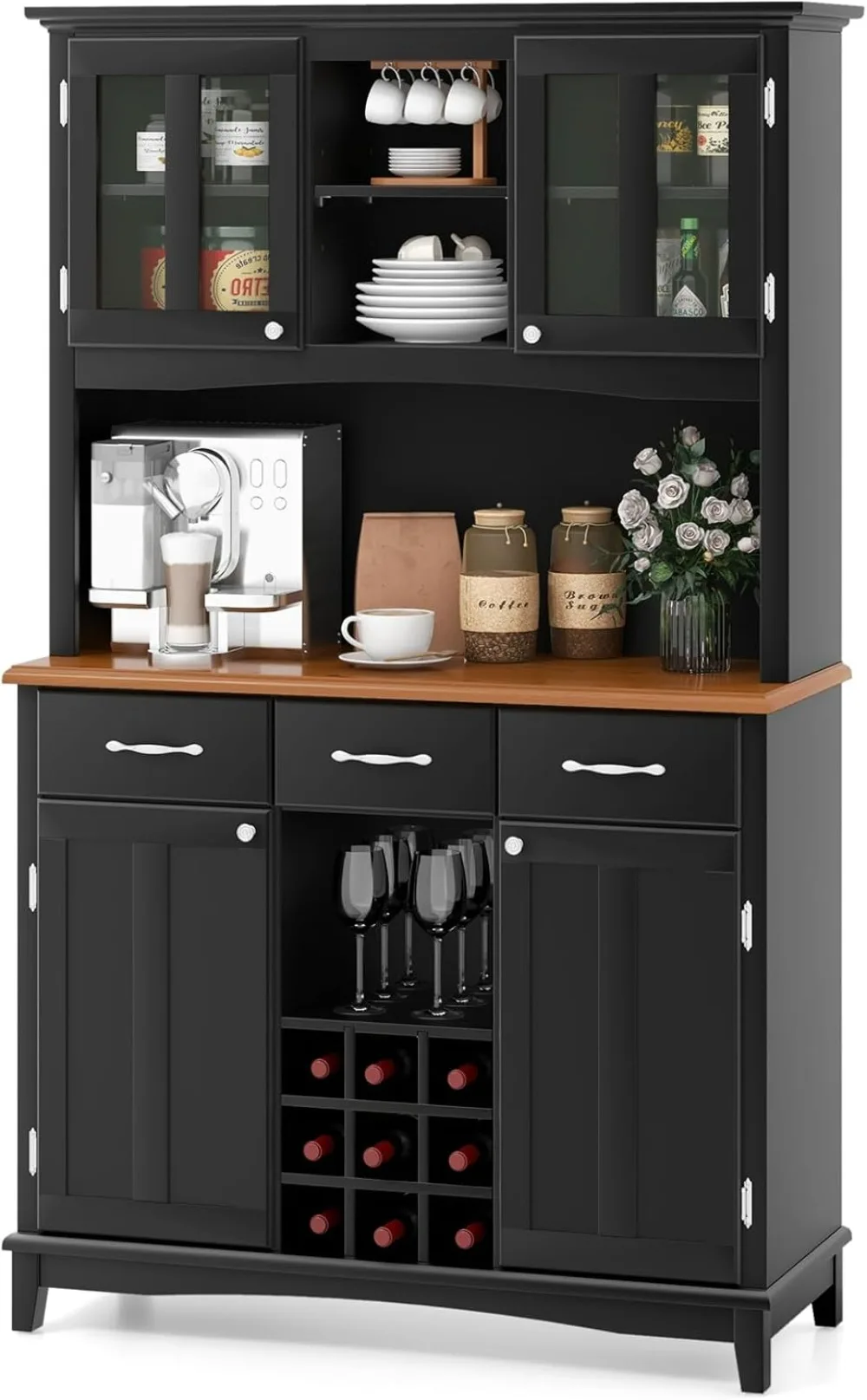 

Kitchen Hutch Storage Cabinet, Freestanding Pantry Buffet Sideboard, Modern Buffet Cupboard w/Wine Rack, Adjustable Shelves