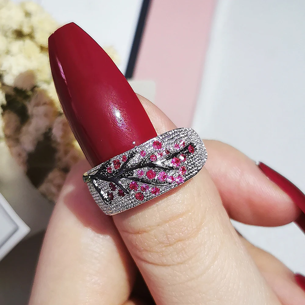 Luxury Branches Tree Pink Silver Color Engagement Ring for Women Anniversary Gift Jewelry Bulk Sell R6165 image 4