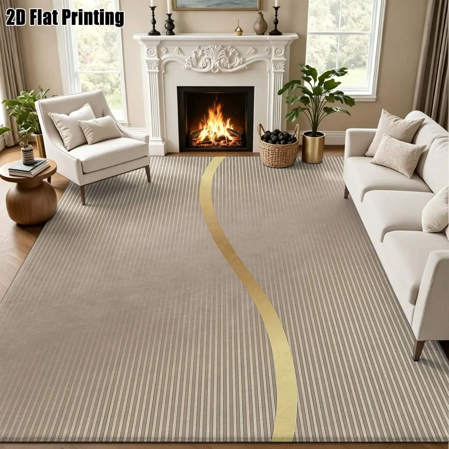 1Pc 2D Printed Carpet: Light Brown & Gold Curved Pattern, Nordic Modern Minimalist Geometric Striped Instagram Floor Mat, Home Decor, Multi-Size, Machine Washable, for Entrance, Dining Room, Foyer, Bedroom, Living Room