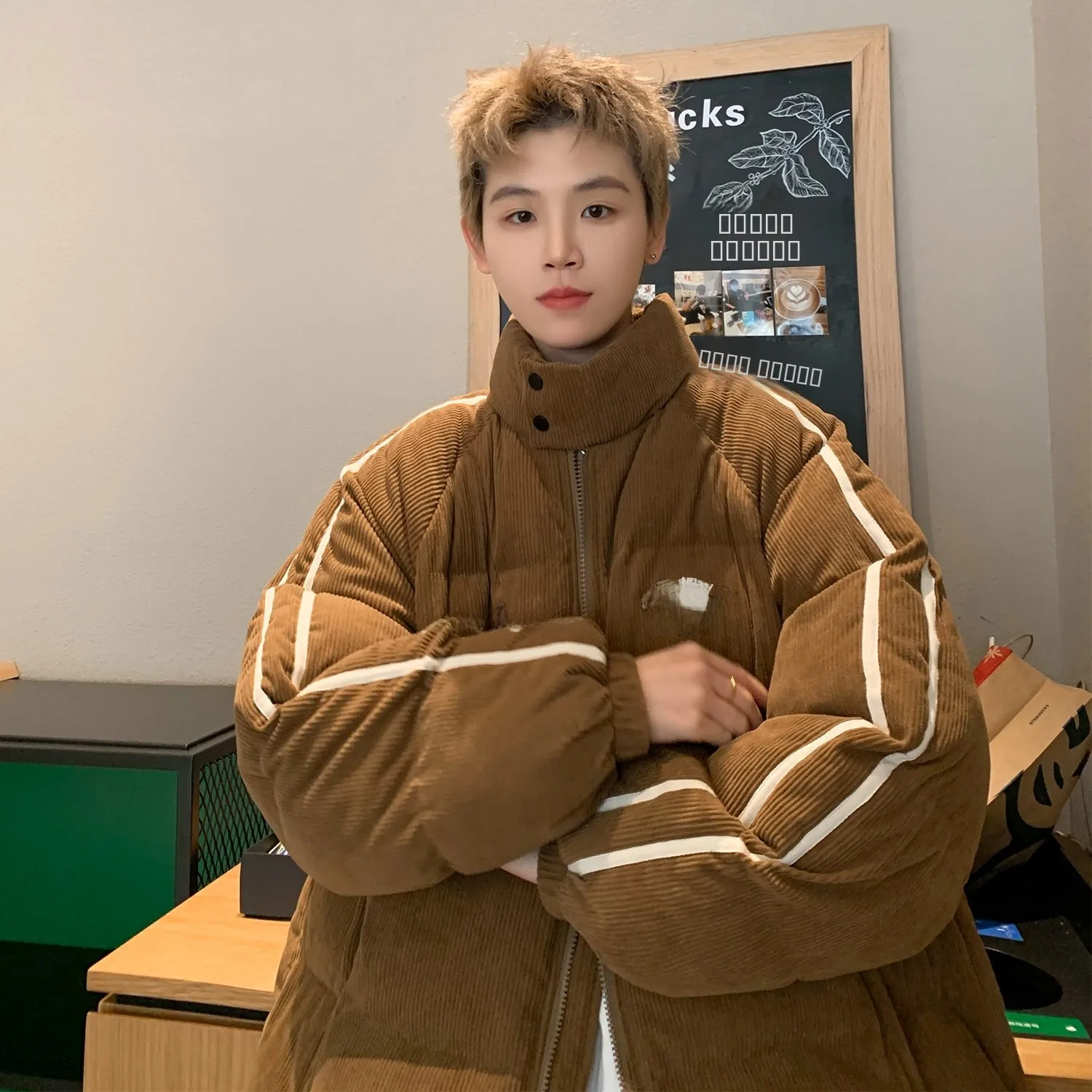 

Утепленная мужская куртка из американского вельвета на молнии с воротником-стойкой, повседневная молодежная модная верхняя одежда для зимы