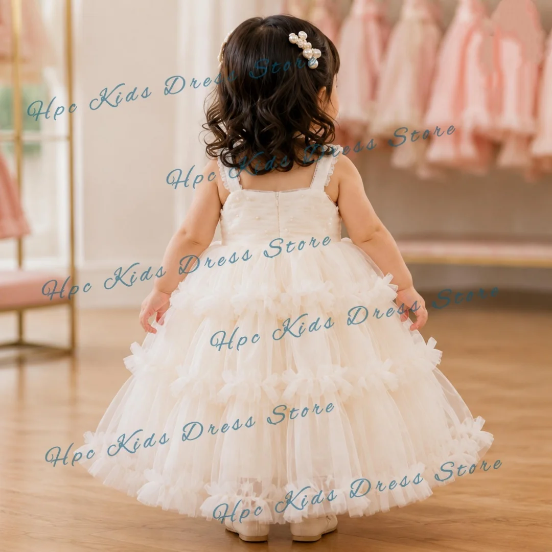 Custom White Flower Girl Dress for First Communion, Sleeveless Tiered Tulle Princess Gown with Pearl Details, Customizable Kids