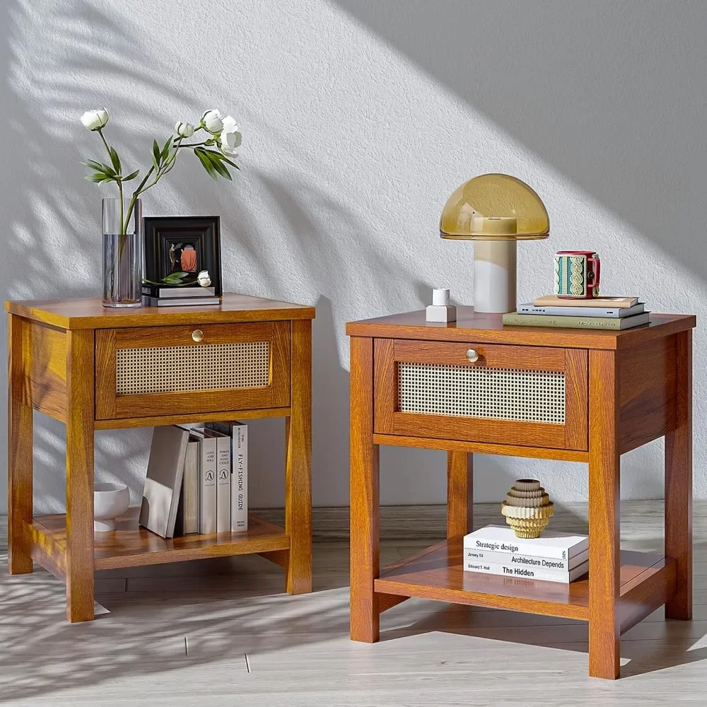 

Nightstands Set , End Tables with Rattan Decor Drawers, Bedside Tables in Boho Style, Side Tables with Storage Shelf