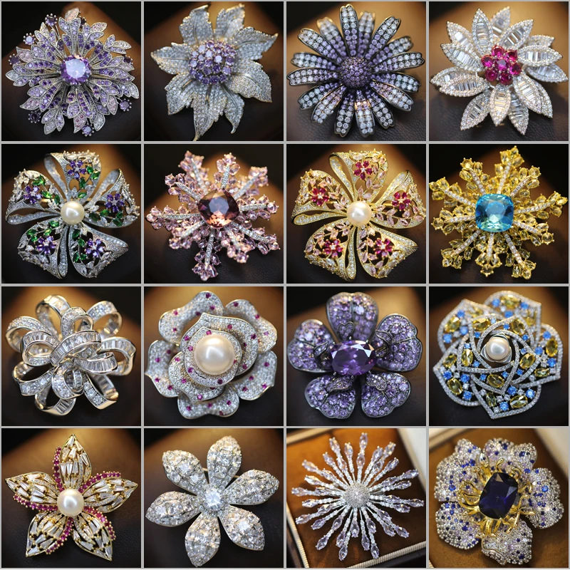 

Heavy Industry Shining Cubic Zirconia Fireworks Brooch Luxury Charm Daisy Camellia Corsage Coat Suit Accessories Female Broche