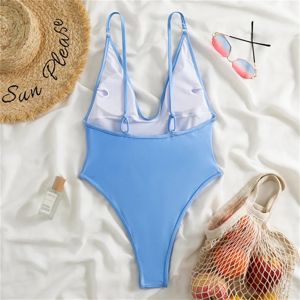 Retro Backless Sling Bikini V-neck High Cut Swimsuit Extreme String Monokini Women Tropical Beach Bath Swimsuit Vacation Outfit