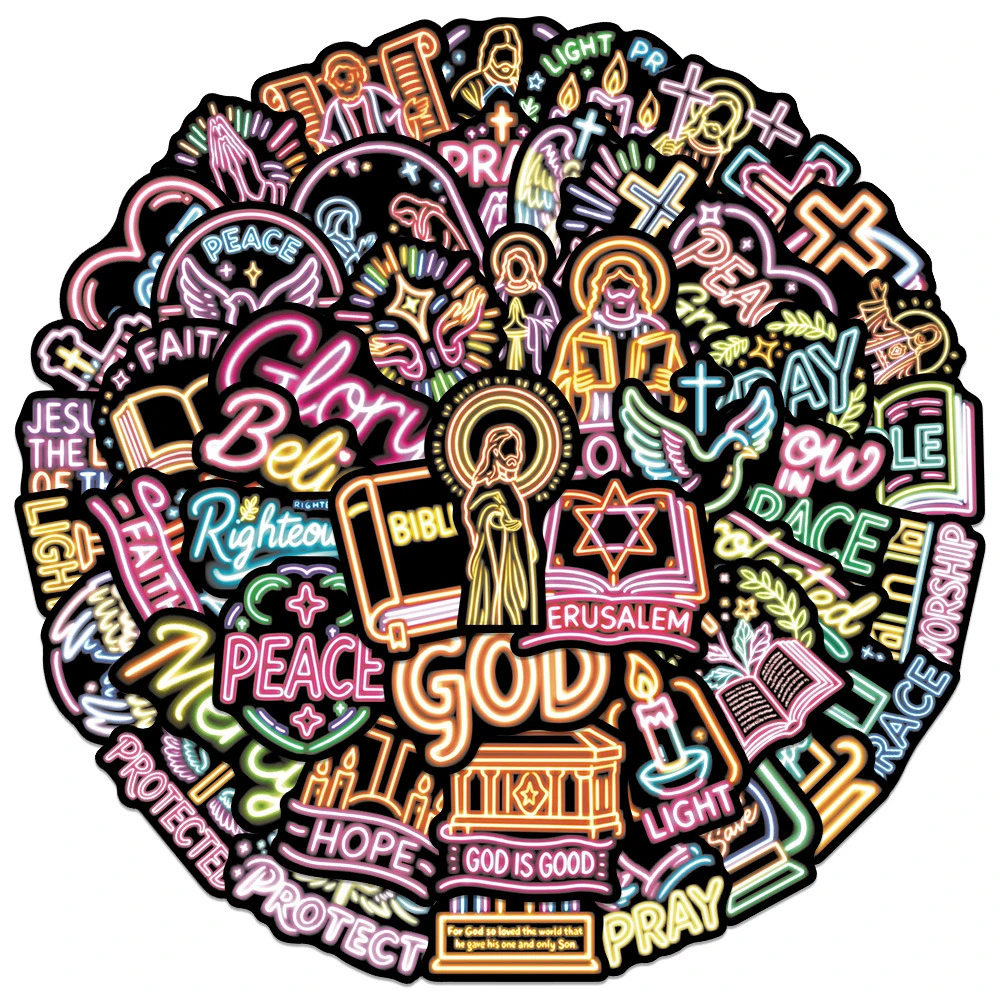 10/30/50pcs Neon Style God Jesus Bible Phrase Stickers DIY Stationery Phone Case Laptop Christian Decoration Decals