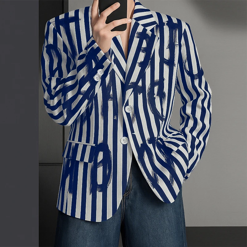 

INCERUN мужской пиджак с принтом в полоску с лацканами и длинным рукавом, повседневный мужской костюм, уличная одежда, свободные элегантные модные мужские тонкие пальто, пиджак