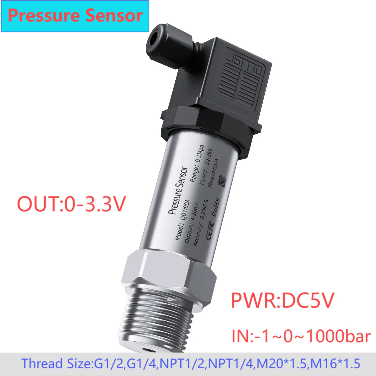 

0-3.3V pressure sensor transmitter for water oil fuel gas air pressure transducer hydraulic 0-20bar 30bar 40bar 80bar sensor