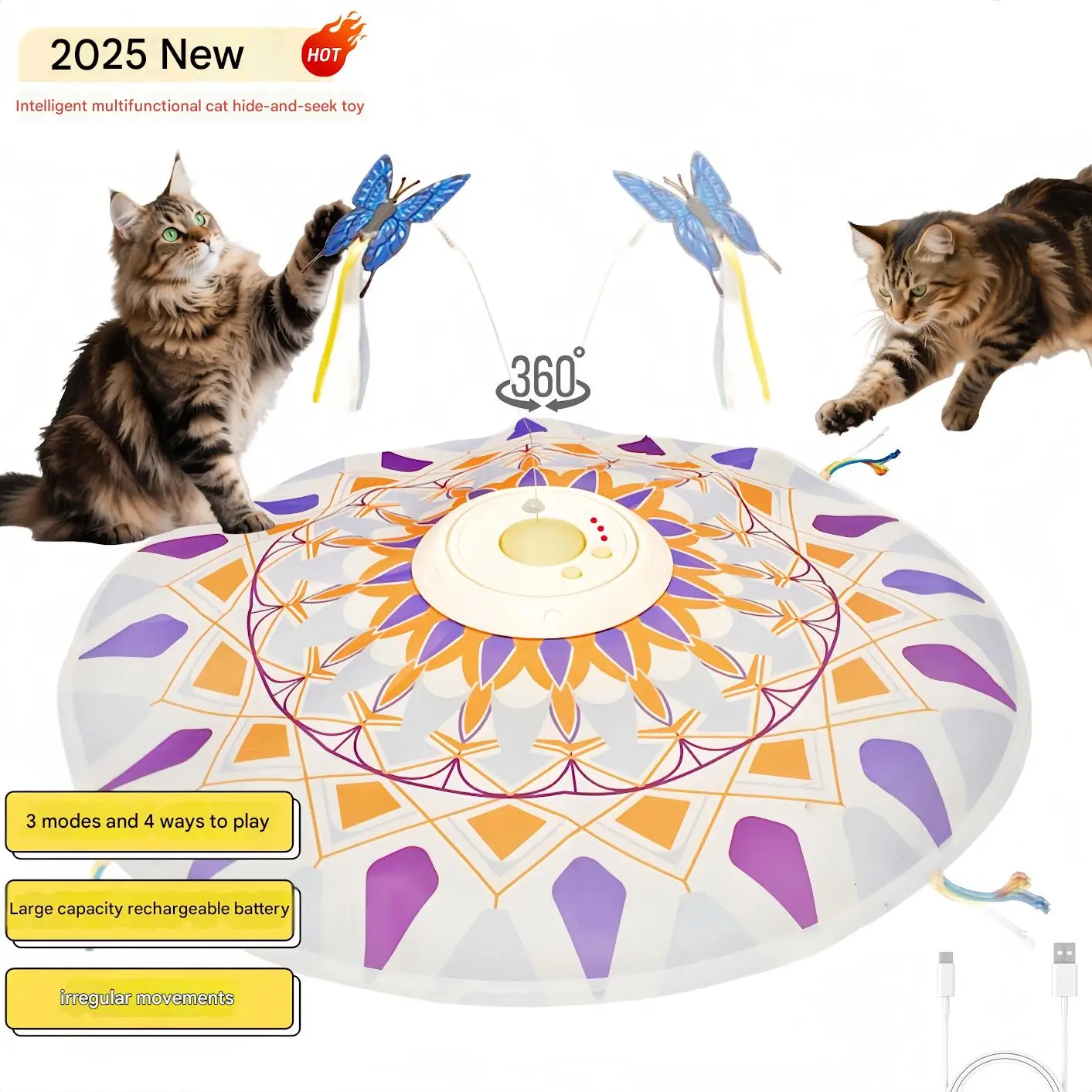 Brinquedo interativo para gatos 3 em 1 recarregável USB 360 °   Penas giratórias e padrão de mandala, capacidade da bateria de 1200 design de plástico