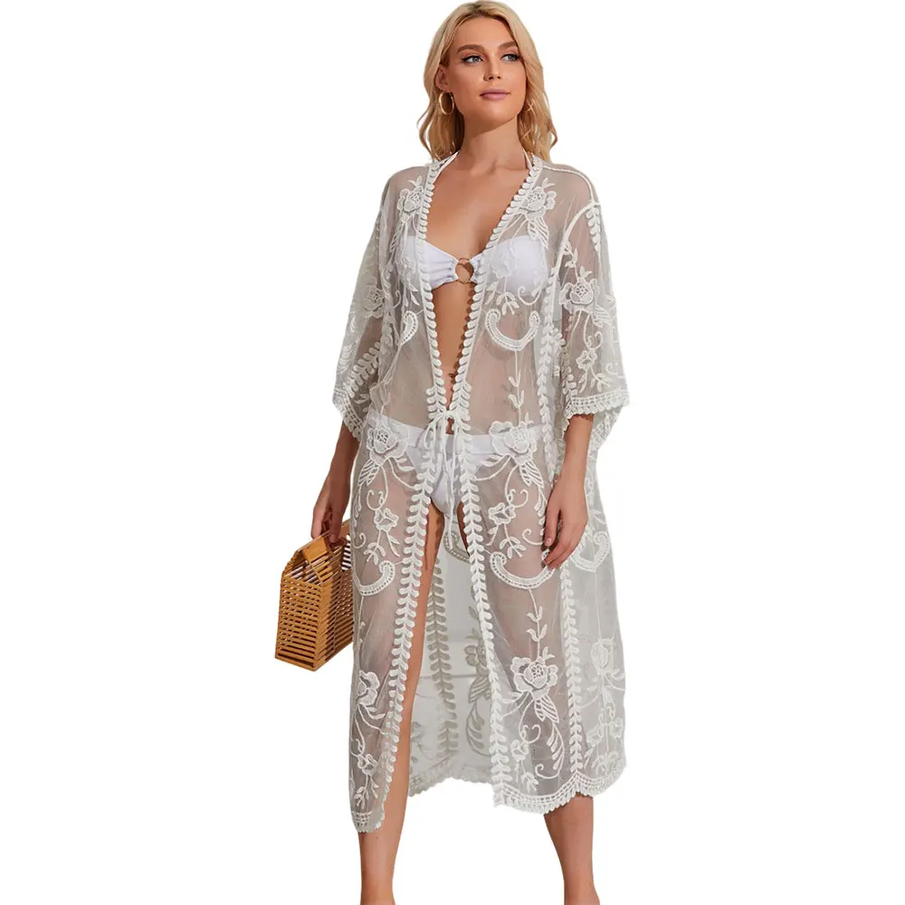 Sexy See-through Women Cardigan Beach Dress Long Bikini Cover-up White Embroidered Flowers Pattern Lace Fringe Beachwear