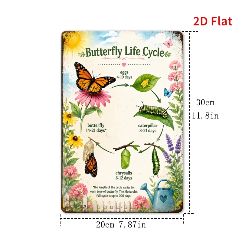 2D Flat - [2Dflat], 1pc 11.81X7.87inch- Monarch Butterfly Life Cycle Tin Sign, Educational Decorative Signs, Retro Garden Metal
