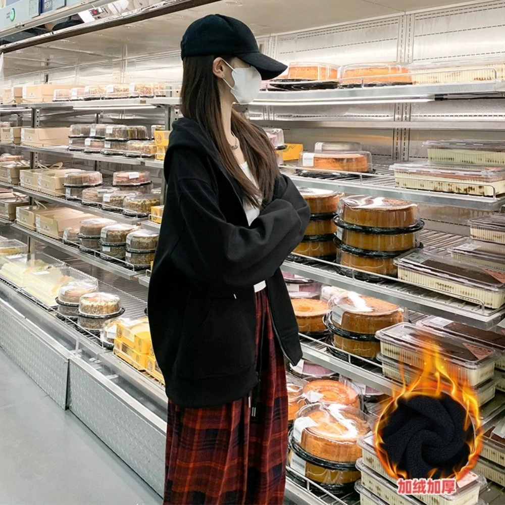 Autumn Women Gray Jacket With Hood Long Sleeve Big Pocket Zipper Jacket Coat Woman Loose Casual Outerwear Coat Tops Y2Klamb flee