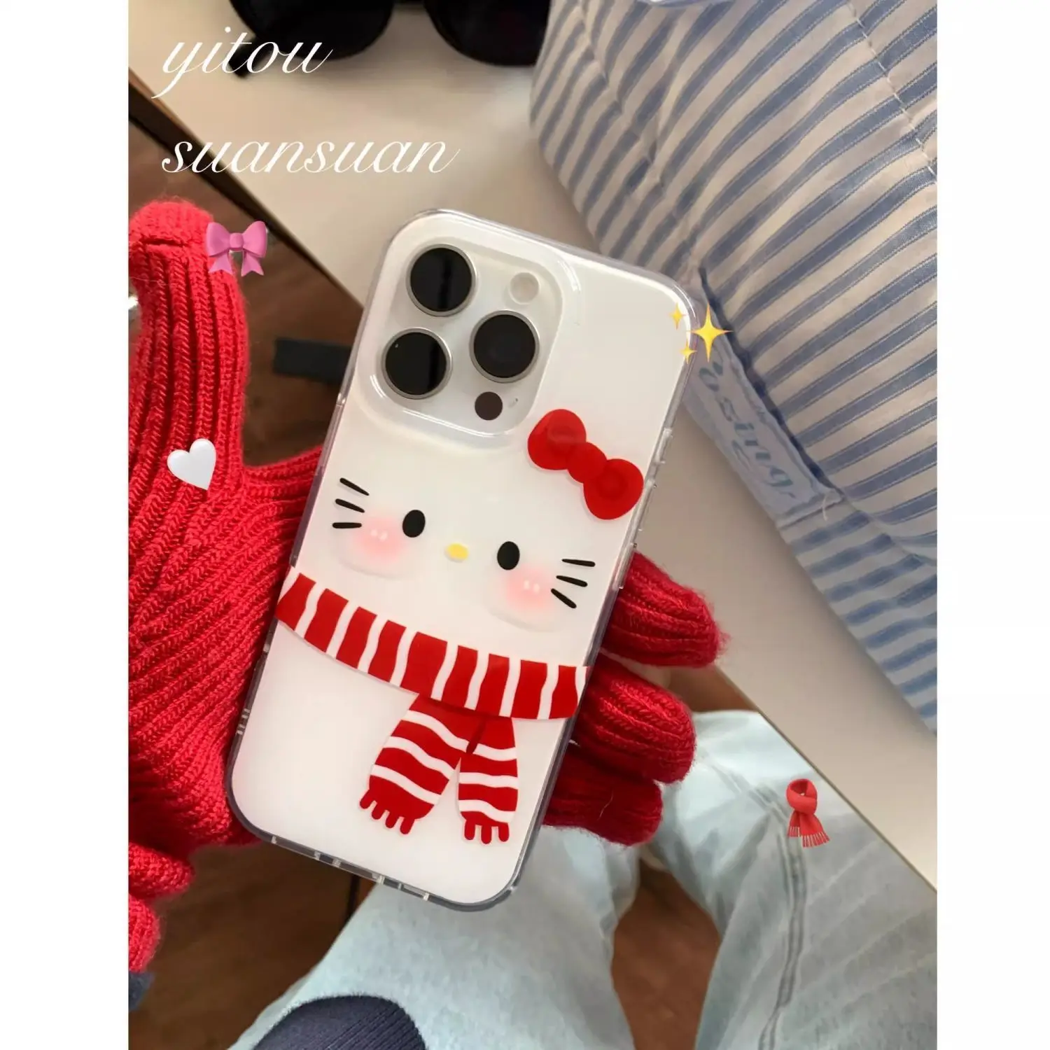 

Winter Scarf Hello Kitty Double-Layer White Print Phone Case For iPhone 16 15 14 13 12 11 Pro Max Plus Y2K Anti Drop Cover