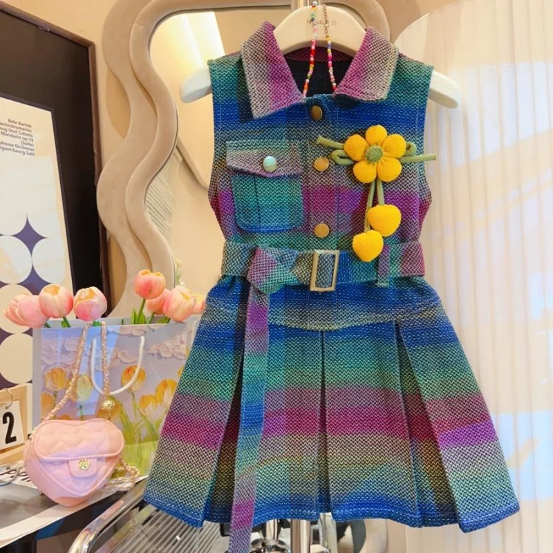 

Girls Summer Vest Dr adient Color Plaid Denim Skirt Korean Sle Faionable Child Clothing Cotton Blend Fabric Midi Skirt