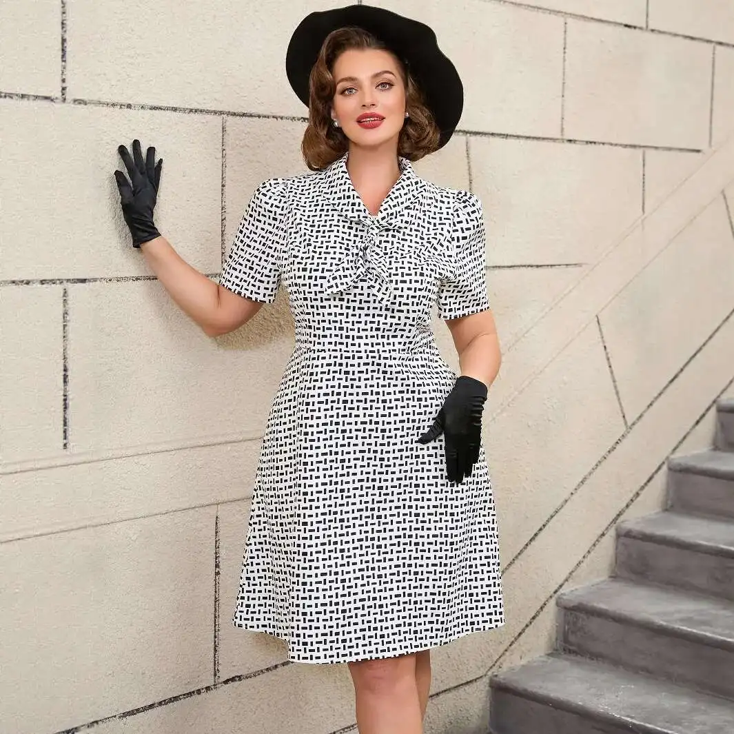 

Size Plus Cool Silk Cotton Digital Print Dress Turn-down Collar A-line Vintage Short Dress Party Summer Elegantes Casual Y2k