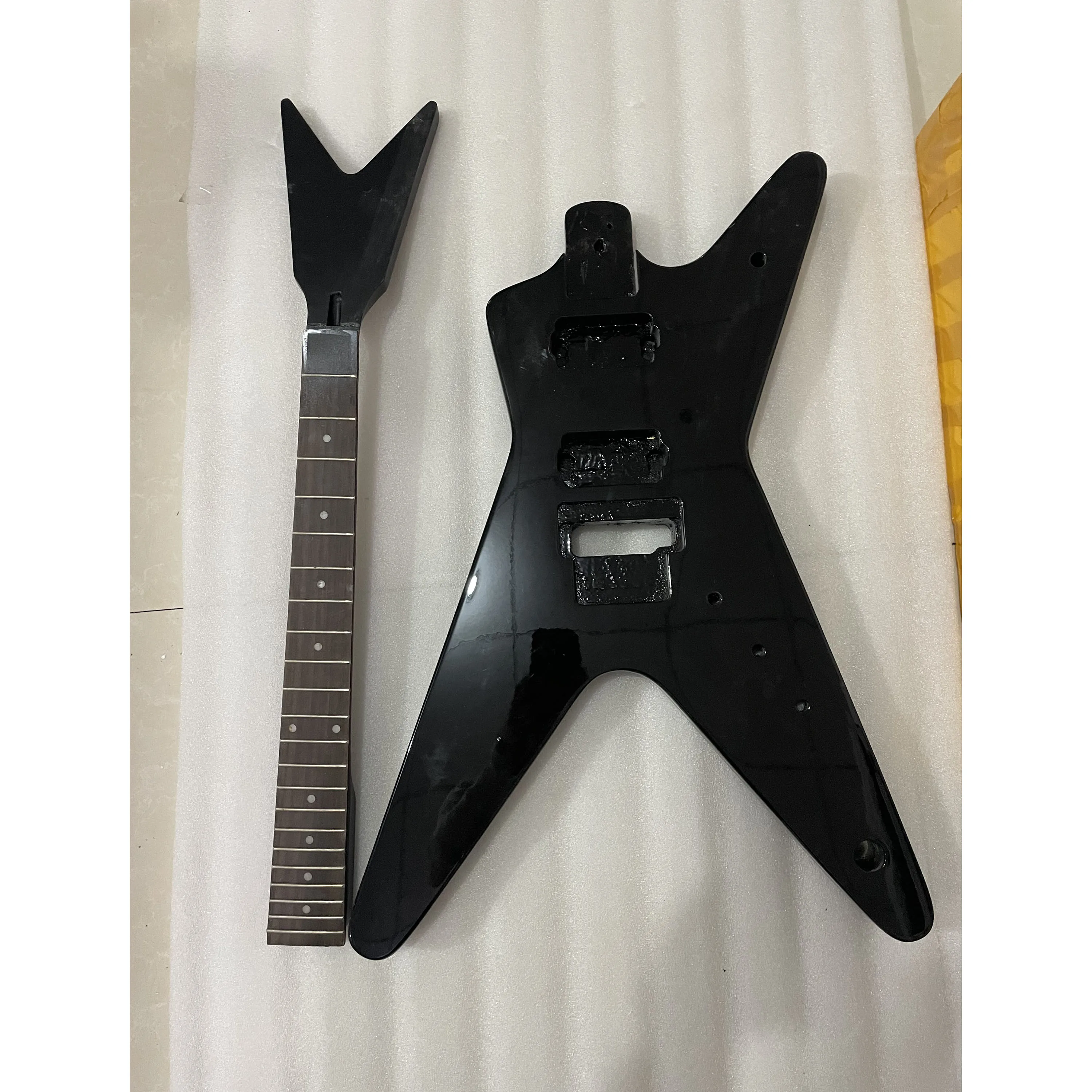 

Stock unfinished electric guitar luthier diy original kit part basswood body & maple neck special shape black color