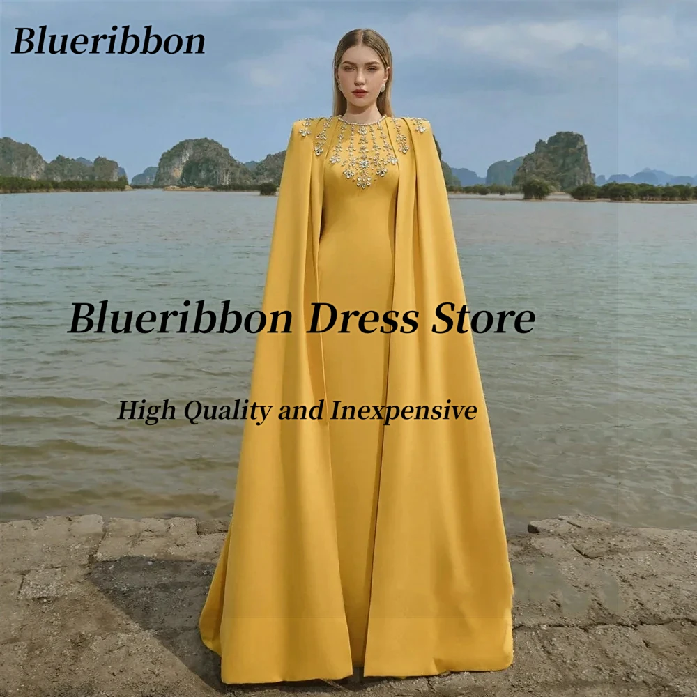 

Blueribbon Индивидуальные кристаллы ручной работы Vestidos Des Noches Вечерние платья с круглым вырезом и длинными шалями Платье для выпускного вечера
