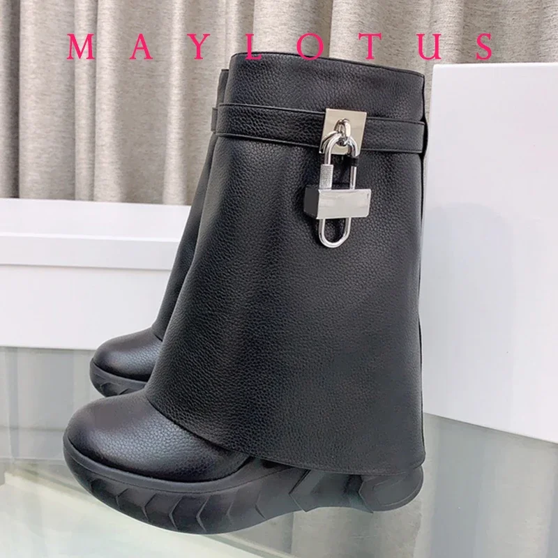 

2024 Luxury Fashion New Women's Autumn Winter Mid-Calf Boots Shark Lock Platform Round Toe Boots Wedge Heels Vintage Shoes