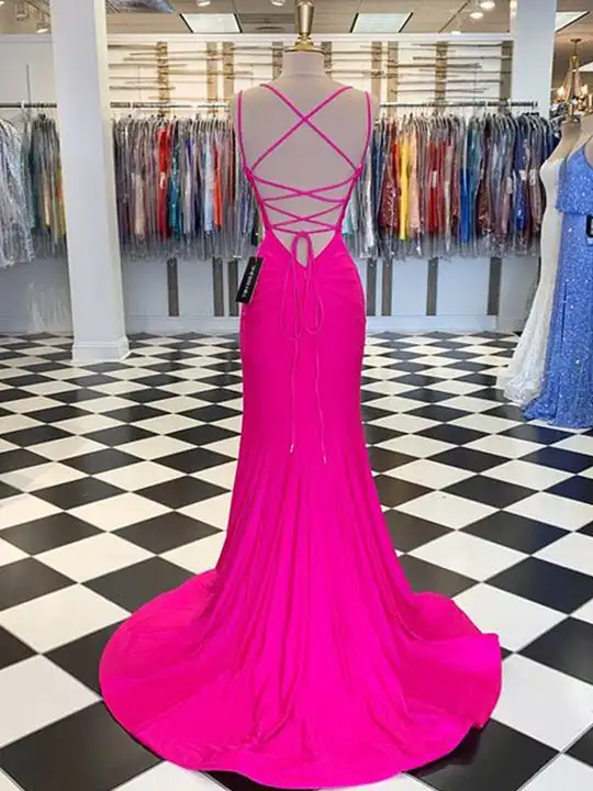 Vestidos de Noche rosas elegantes, Vestido largo de sirena con cuello en V, tirantes finos, tren de barrido, sin espalda, Formal, fiesta de graduación, hecho a medida, 2023