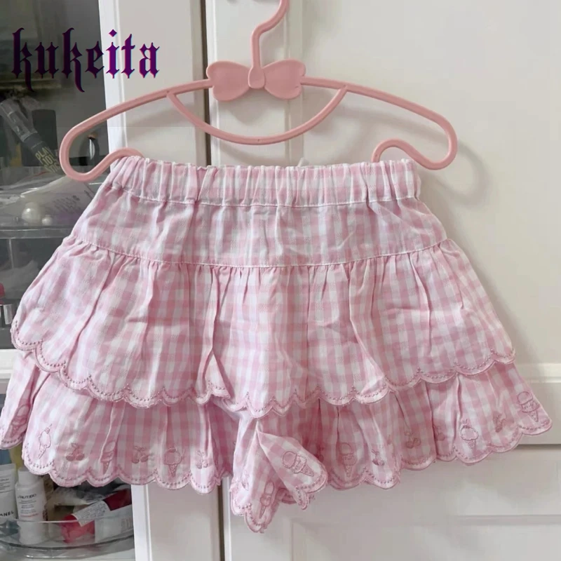 Pink Sweet Plaid Lolita Cake Skirt Women Harajuku Y2k Bow Embroidery Pleated Mini Skirts Japanese Cute Elastic Waist Short Skirt