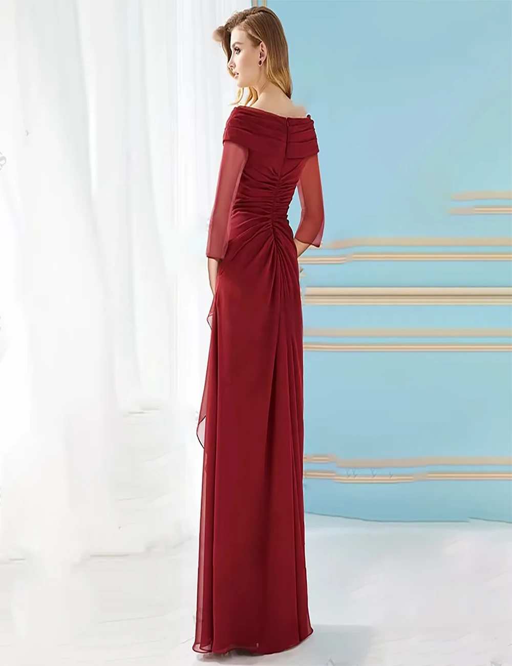 Elegant ยาวสีแดงชีฟองชุดเจ้าสาว 3/4 แขนปิดไหล่ vestidos de fiesta mujer ที่กําหนดเอง